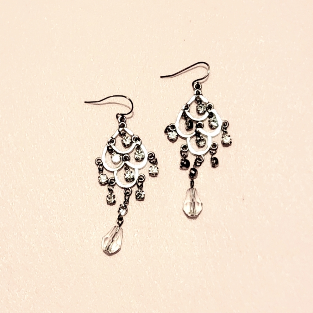 Faceted Glass Chandelier Earrings, Silver Setting, White Gold-Plated.